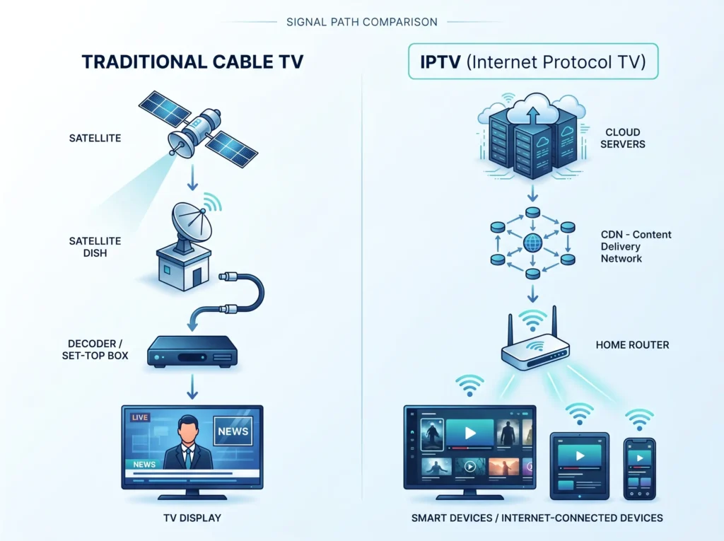 The signal path of traditional satellite cable TV versus modern IPTV services.