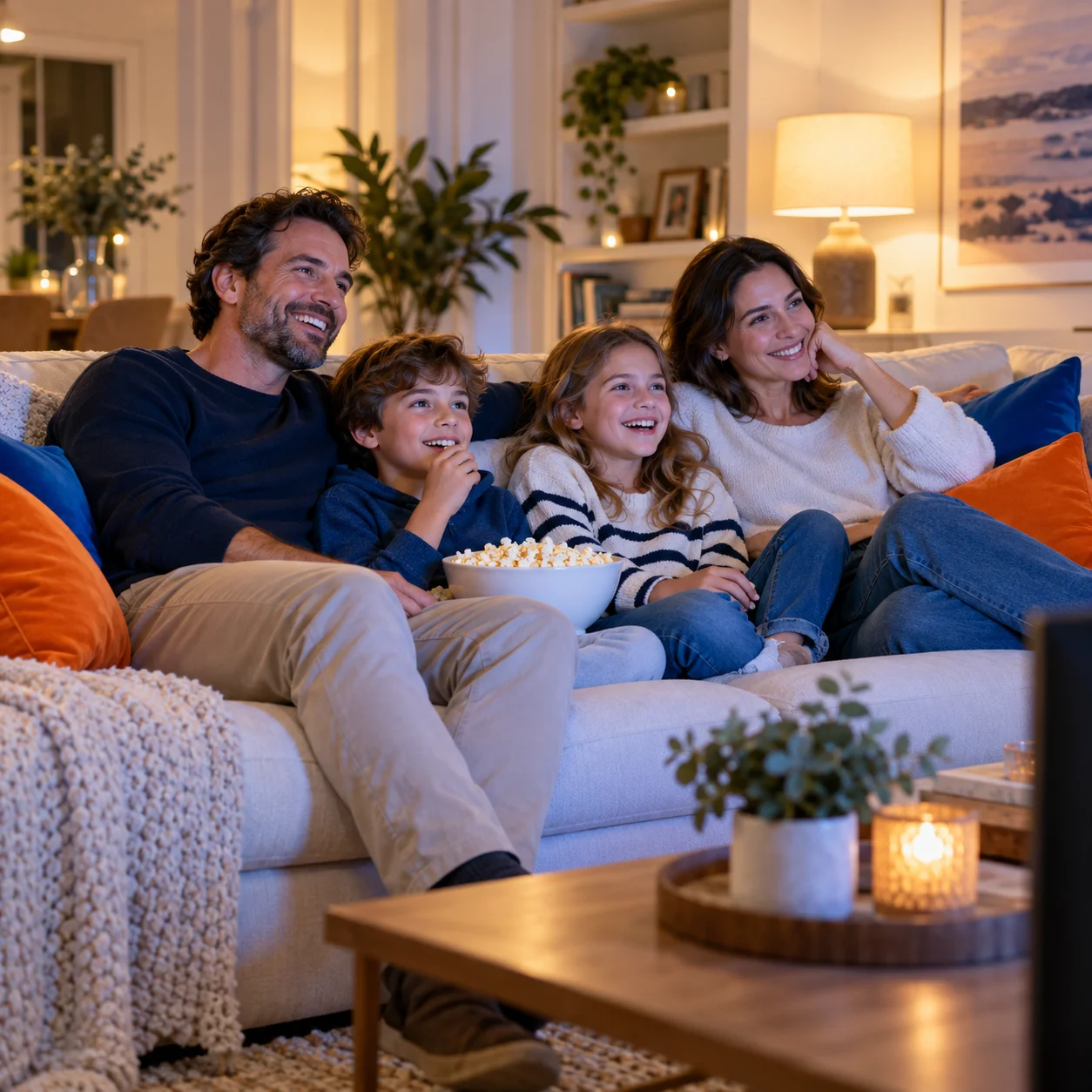Family Movie Night Parents and two children enjoying a movie with popcorn on a cream sofa.