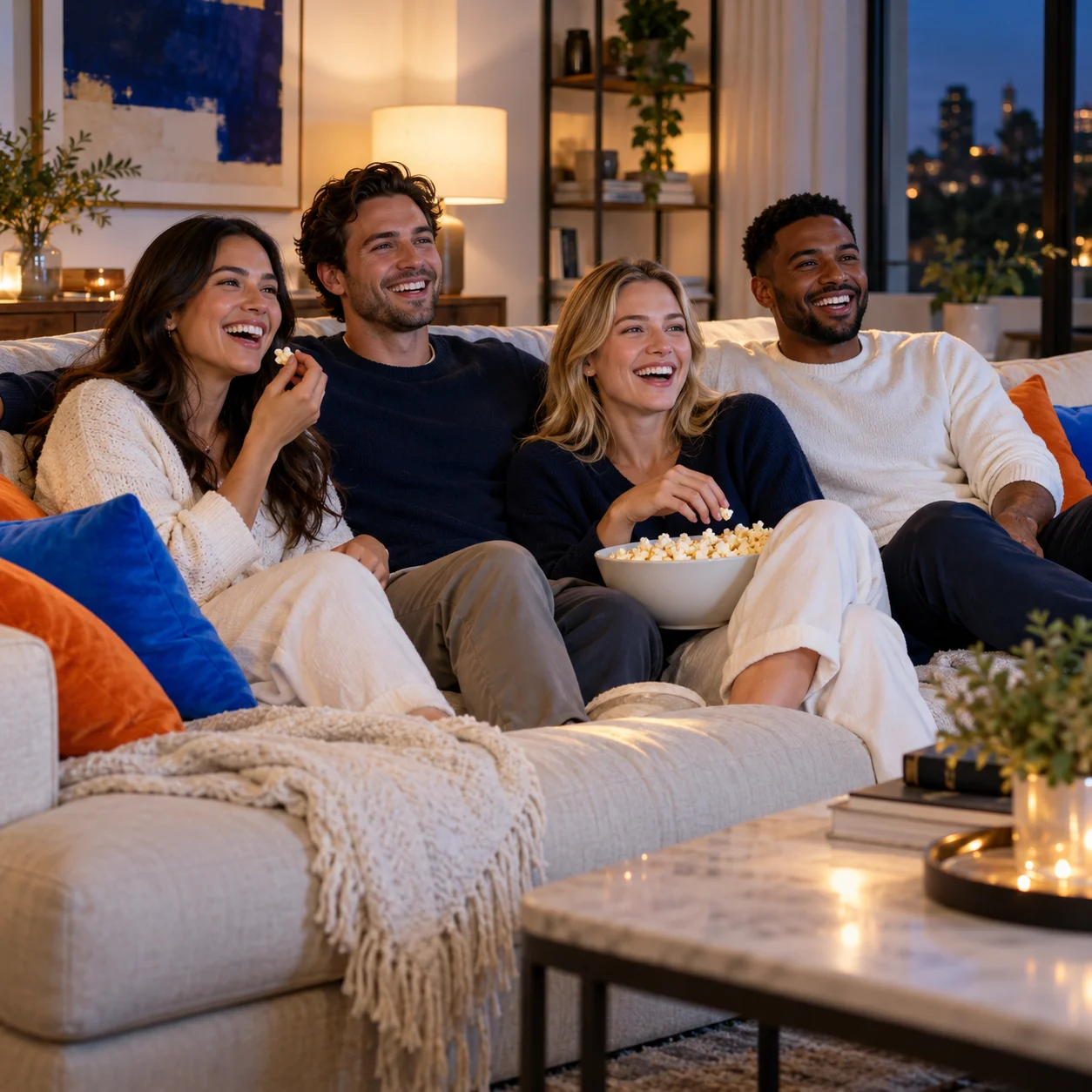 Movie Night with Friends Four friends enjoying a movie and sharing popcorn in a warmly lit living room.