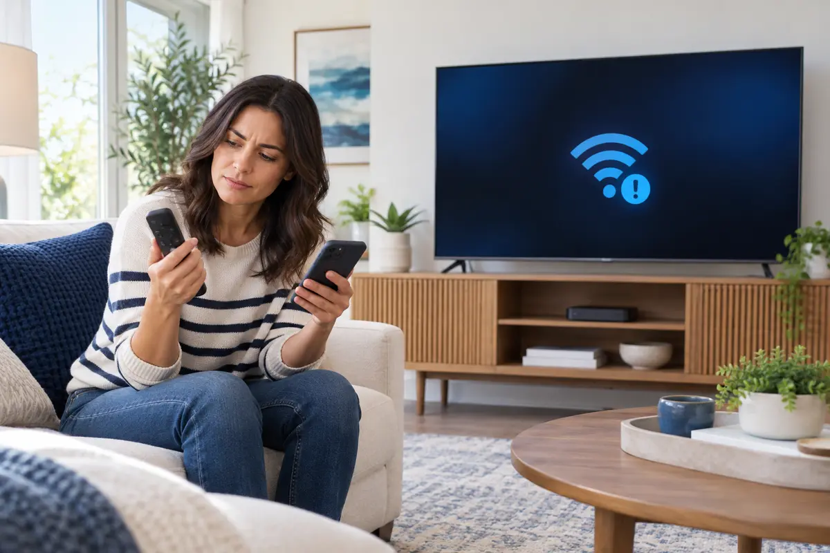 User checking a remote and phone while troubleshooting a CAST4K connection
