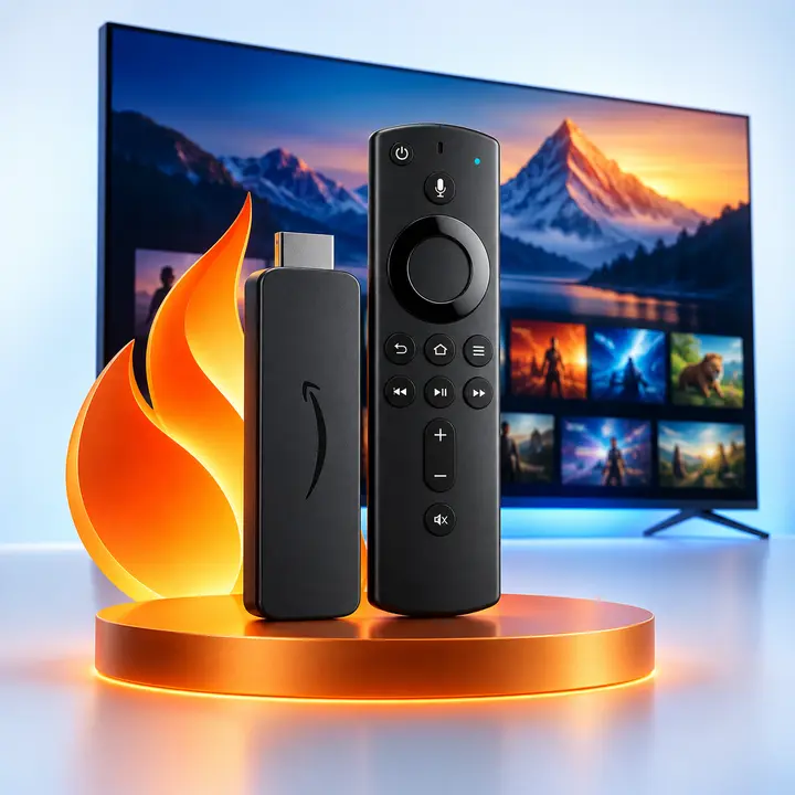 Fire TV streaming stick and remote used to install the CAST4K app