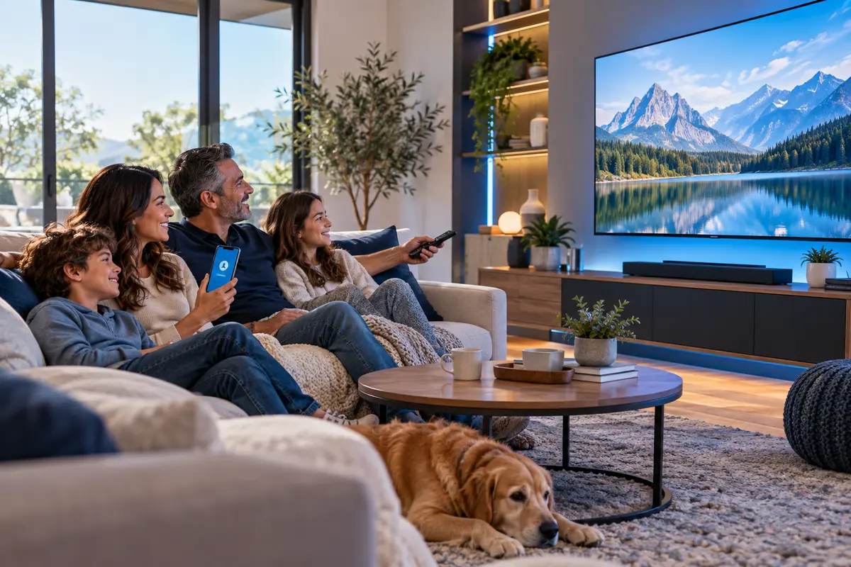 Family watching television after connecting a Stream4K profile to a compatible player