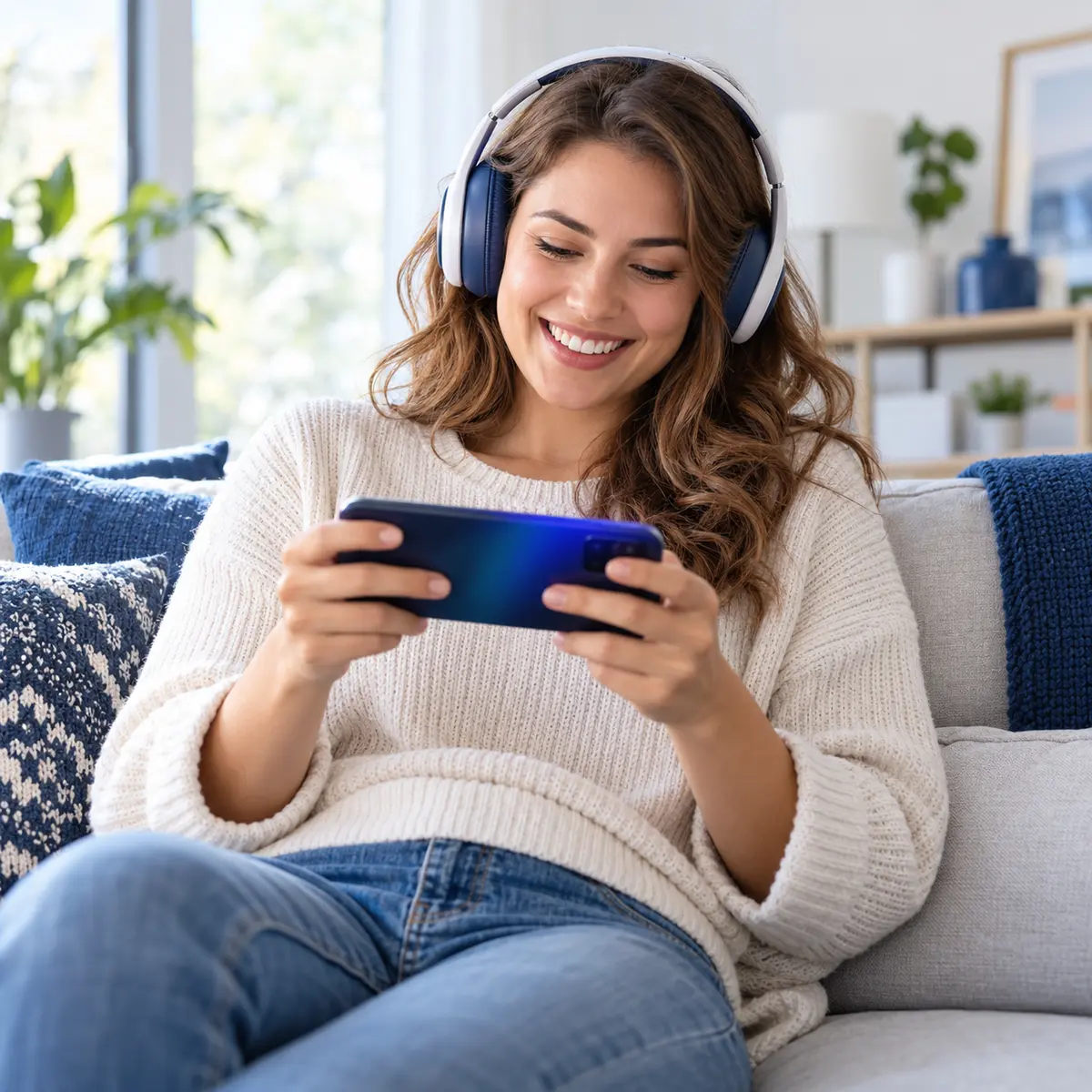 Woman wearing headphones and watching Stream4K IPTV on a mobile phone