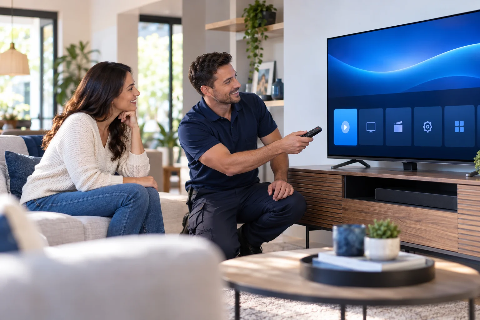 Stream4K reseller helping a customer set up service on a television