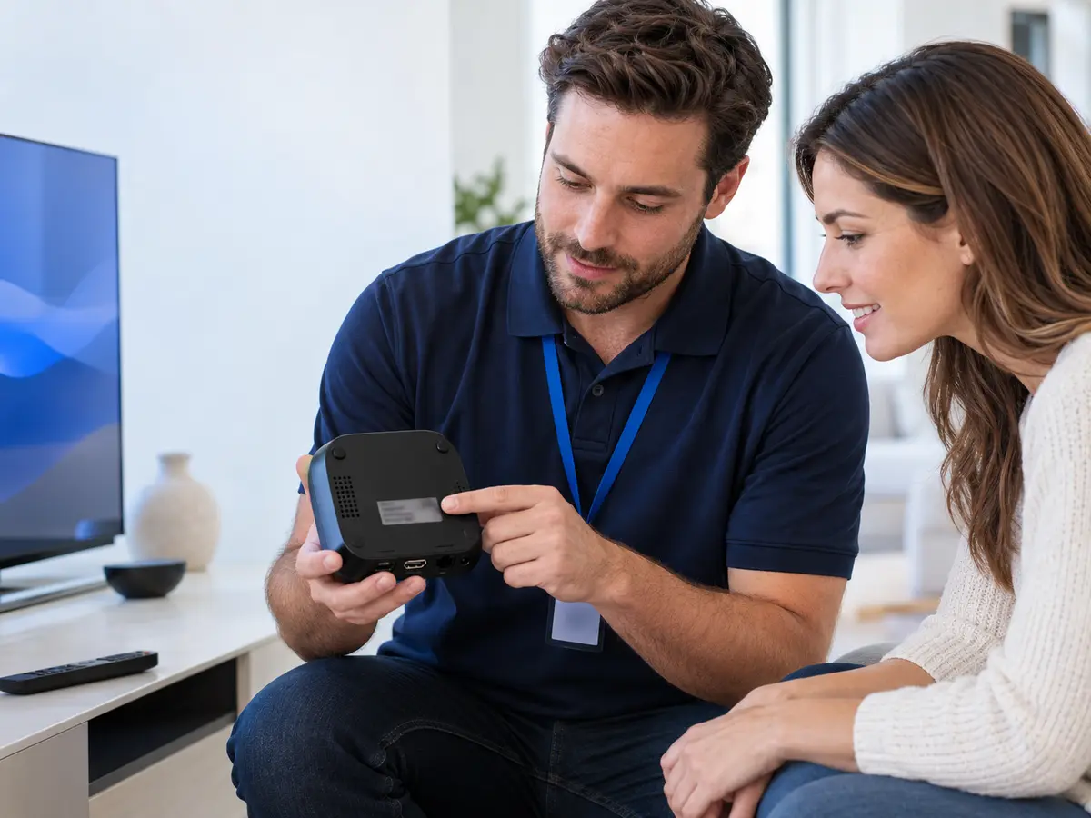 Support specialist helping a customer locate the MAC address on a streaming device