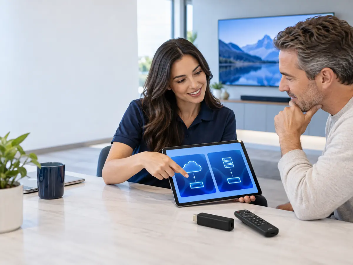 Support adviser helping a customer choose a compatible Xtream or M3U trial service